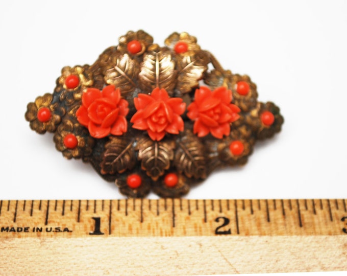 Coral celluloid flower Brooch Golden Brass leaf Art Nouveau Pin