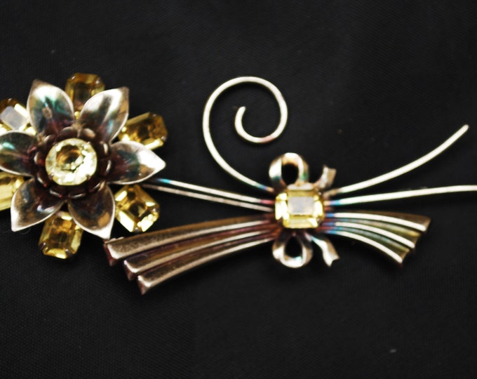 Sterling Flower Brooch - Yellow rhinestone - Art Deco - Silver Floral pin