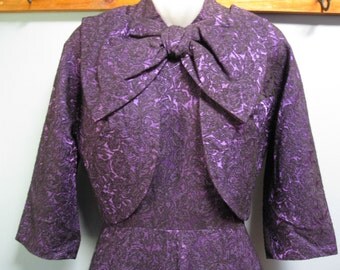 Glamorous 1960's Purple Brocade Party Dress And Jacket Formal Gala Wedding