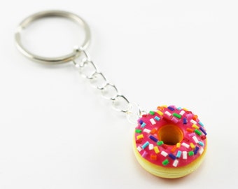 Pink Frosting Donut Key Chain with Multi Color Sprinkles - Food Key Chain, Kawaii Key Chain, Polymer Clay Key Chain