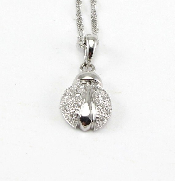 Lady Bug Diamond Pendant Necklace 14K White Gold by WatchandWares