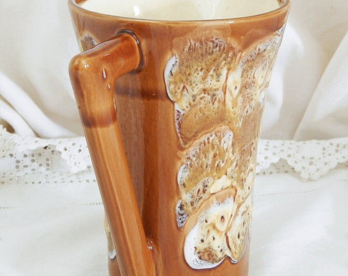 Vintage French Mid Century Lava Ceramic Pitcher with Glaze "Rocaille De L'Ocean" in Beige White and Brown / MidCentury / Retro Home Interior