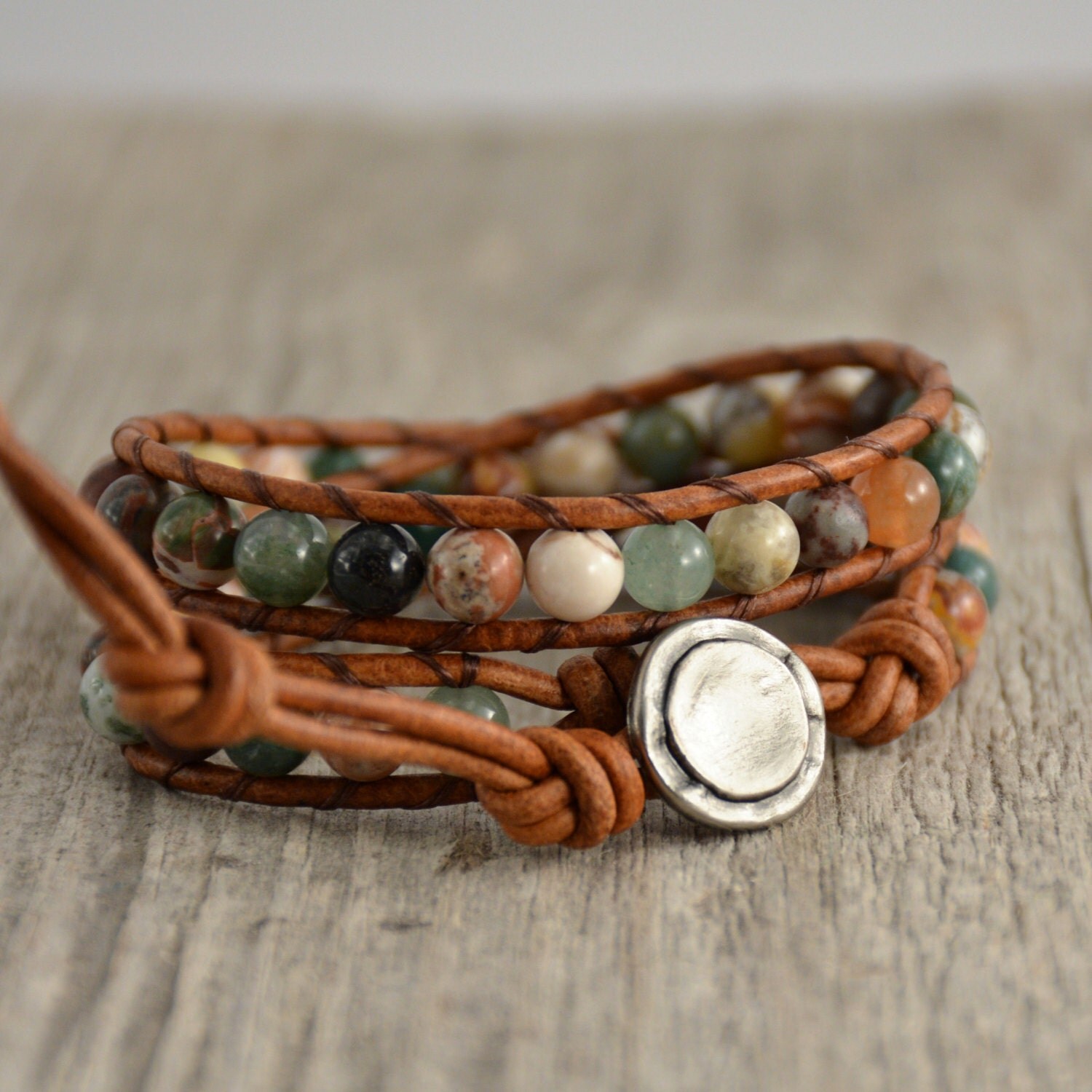 Earthy Natural Hippie Style Leather Wrap Bracelet