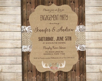 Rustic Engagement Party Invitation, Rustic Wedding Shower Invitation, Antler and Burlap. Printable, Digital _1211