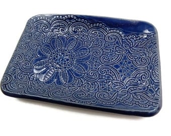 Blue Ceramic Dish, Candy Dish, Something Blue, Jewelry Dish, Blue Pottery Dish, Lace Plate, Blue Kitchen, Blue Home Decor, Cobalt Blue Dish
