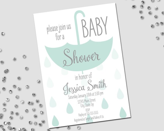 Umbrella Baby Shower Invitation - Hanging Umbrella and Faded Raindrops - Blue Green and Grey - Printable Il_570xn