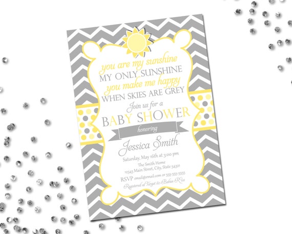 You Are My Sunshine Baby Shower Invitation - Large Chevron Stripes - Sun - Grey and Yellow - Printable Il_570xn