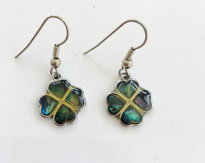 Shamrock Earrings Abalone Shamrocks Four Leaf Clover Pierced Earrings Shamrock Drop Earrings Vintage St Patricks Jewelry Lucky Shamrocks