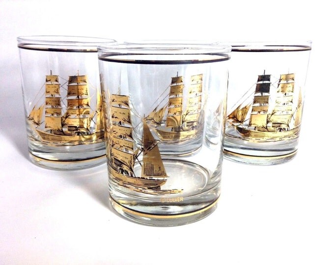 Culver Glasses Clipper Ships, Vintage Crystal Bar Ware Glasses, On The Rocks Tumblers