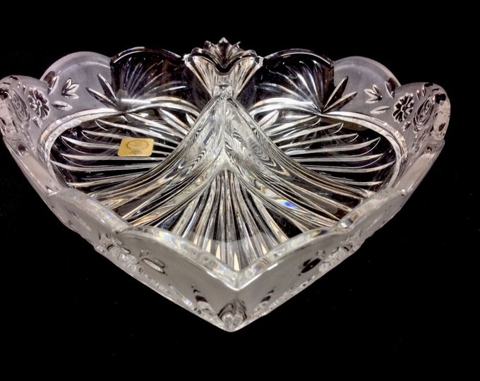 Bleikristall Candy Dish Cut Glass, Crystal Heart Shaped Divided Dish, Wedding Gift