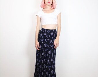 Vintage 90s Skirt Navy Blue Leaf Ditsy Floral Print Midi Skirt Boho 1990s Maxi Skirt Soft Grunge Skirt Festival Bohemian S Small M Medium