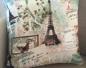 Large Cushion Cover/Pillow in A Paris Themed Fabric designed by Lula Bijoux. Cover to fit a 50cm or 20 inch insert.