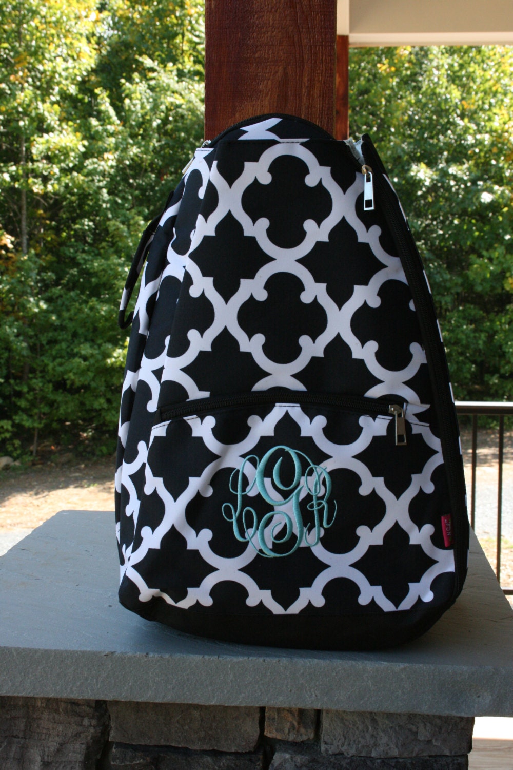 Ladies Monogrammed Tennis Bag Black Quatrefoil Tennis Racquet