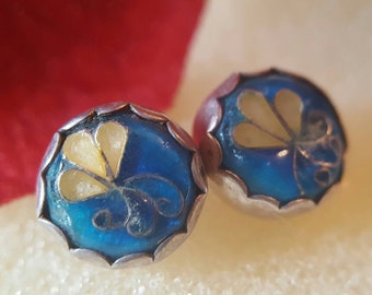 Sterling Silver Blue and Cream Button Earrings (st - 1649)