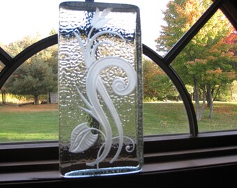 ETCHED GLASS BLOCK 10" x 5 " x 2 1/2" Thick Floral Design No Chips or Cracks Weighs Almost 11 Pounds