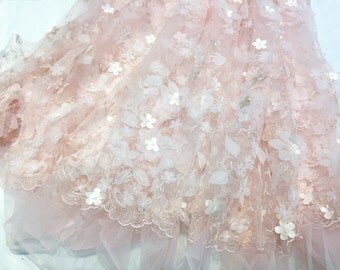 3D Lace Fabric in Blush Ivory with Applique Flower for Wedding Gown , Costume Design ,Bridal Dress