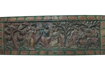 Indian Vintage Antique Wall Sculpture Hand Carved Radha Krishna Gopis Indian Carving Wall Panels Multi colored eclectic Decor