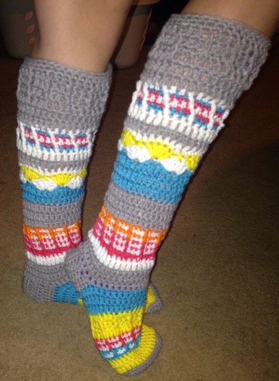 Knee high slipper socks crochet socks colorful by LambsTailLane