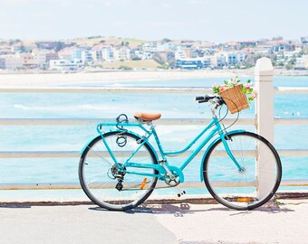 Beach print,Bondi Beach, Beach photography, pastel photo, beach bicycle, Affordable home decor, blue pastel, nautical print
