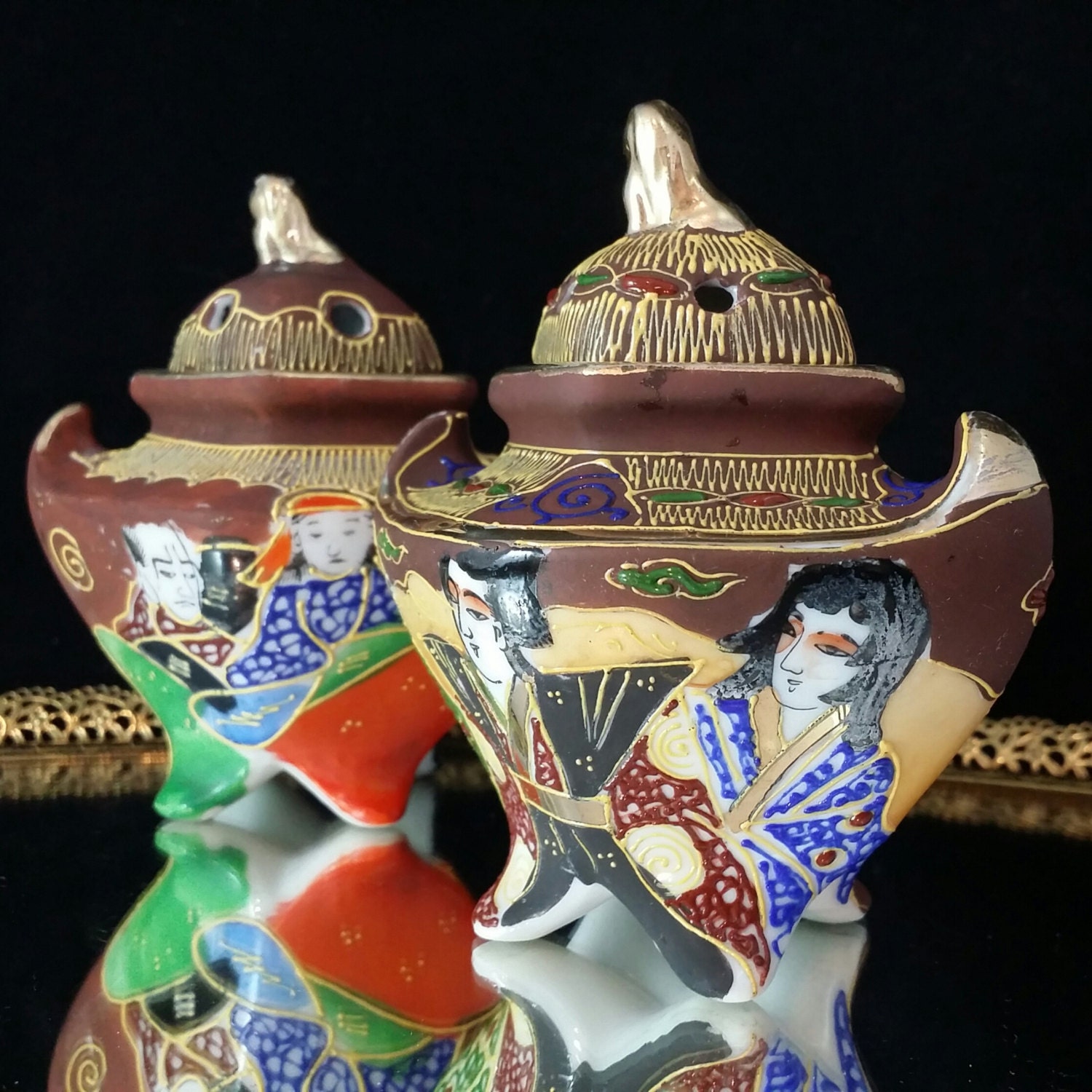 Satsuma Incense Pots Set 2 Potpourri Pots Antique Japanese