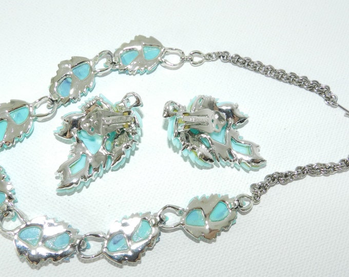 Vintage Lisner Signed Aqua Teal Feather Leaf Necklace Earrings Set, Lisner Thermoset Necklace Earrings Set, Fashion Jewelry Set
