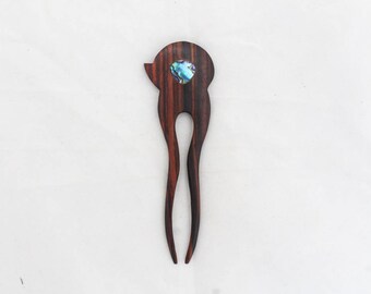 Wood Hair Fork 2 Prong Wooden Hair Sticks With Paua Shell, Wood Carving, Wooden Hair Accessories