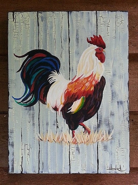 Items Similar To Colorful Rustic Barn Wood Rooster Print Of Painting By ...