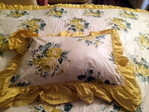 Fifties PLASTIC bedspread yellow floral & pillow sham for double bed