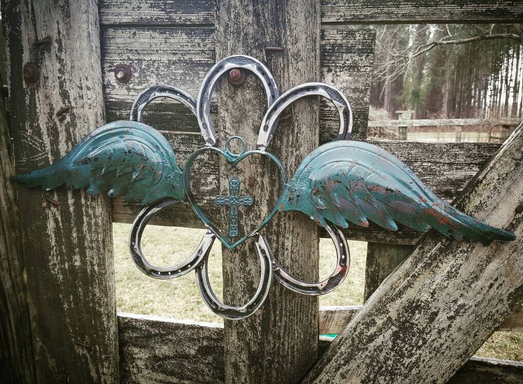 Rustic Horseshoe Wreath Angel wings Angel by KadysKustomKrafts
