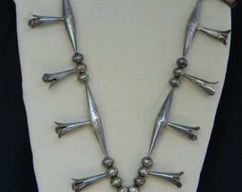 Old Pawn Navajo Turquoise Sterling Silver Squash Blossom Native American Necklace 28 3/4"