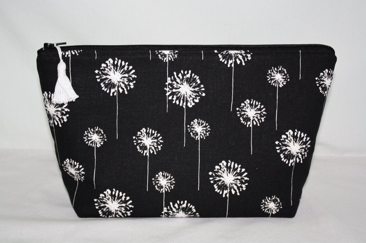 Large Cosmetic Bag in Black and White Dandelion Print Canvas
