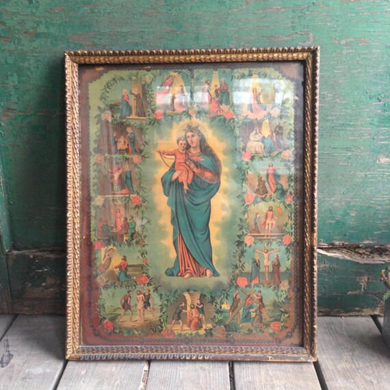 Antique religious lithograph / antique religious framed litho