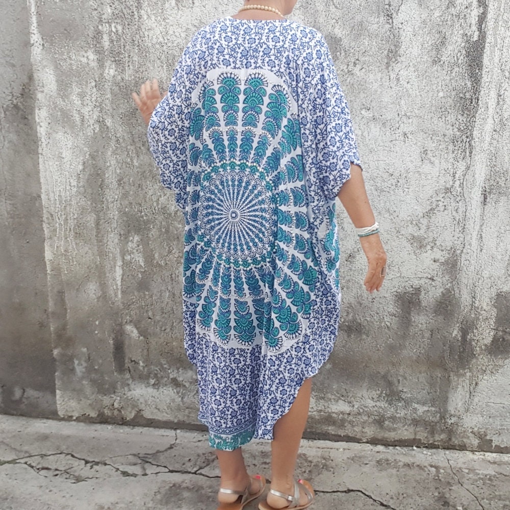 Beach cover up Boho Kimono Long Flowy Blue & turquoise