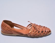 Huarache Flats - Vintage 80s Tan Leather Ladies Huarache Sandals Pointy ...