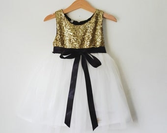 Gold and White flower girl's dress, gold sequined and black dress, birthday dress, girl christmas dress