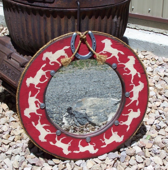 Round distressed red and white western home decor wall mirror