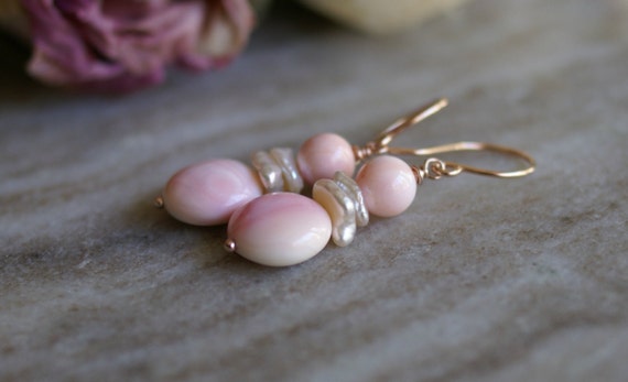 Pink Queen conch shell earrings freshwater keishi pearl drop