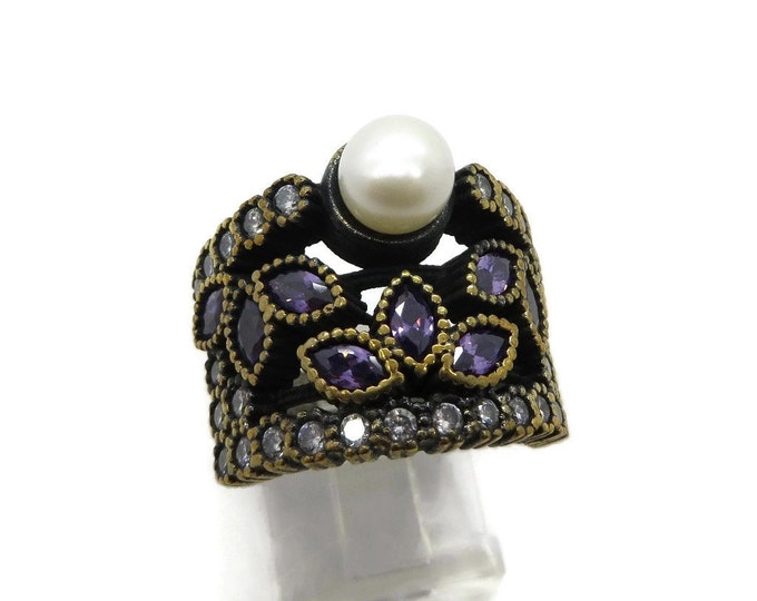 Amethyst Topaz Pearl Ring, Vintage Sterling Silver Statement Ring, Size 8