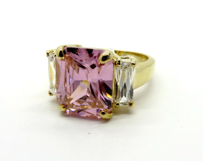 Pink CZ Cocktail Ring, Vintage Lind Ring, 14k Gold Plated Ring, CZ Engagement Ring, Emerald Cut Pink Stone Ring, Size 6, Free Shipping
