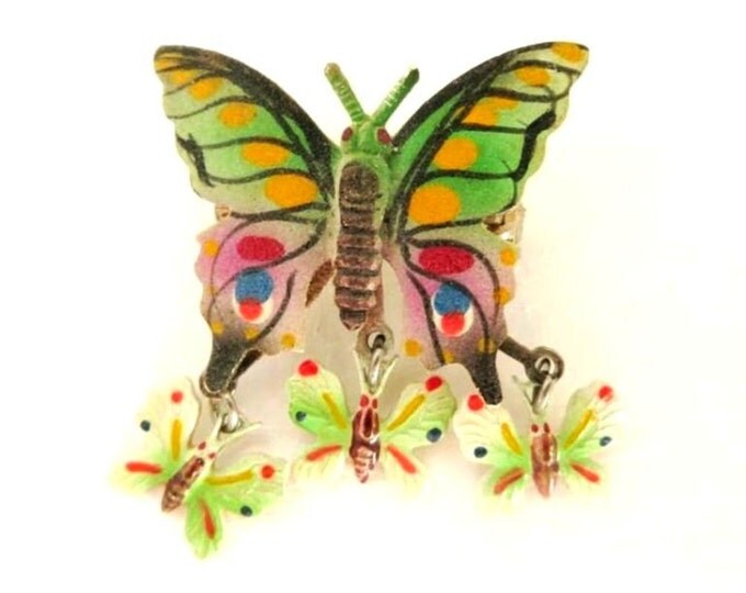 Vintage Hand Painted Butterfly Brooch, Korean Brooch, Dangling Butterflies Pin