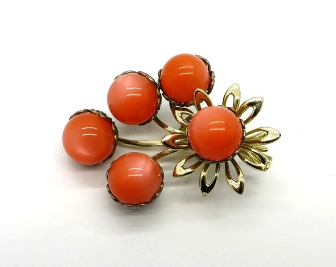 Orange Gold Tone Flower Brooch Vintage Moonglow Pin Coral-Orange Lucite Bouquet Brooch