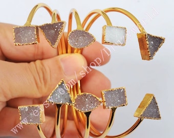 Polygon Natural Color Agate Druzy Stone Gold Plated Bangle Round Triangle Rectangle Double Druzy Adjustable Bracelet Geode Jewelry G0148
