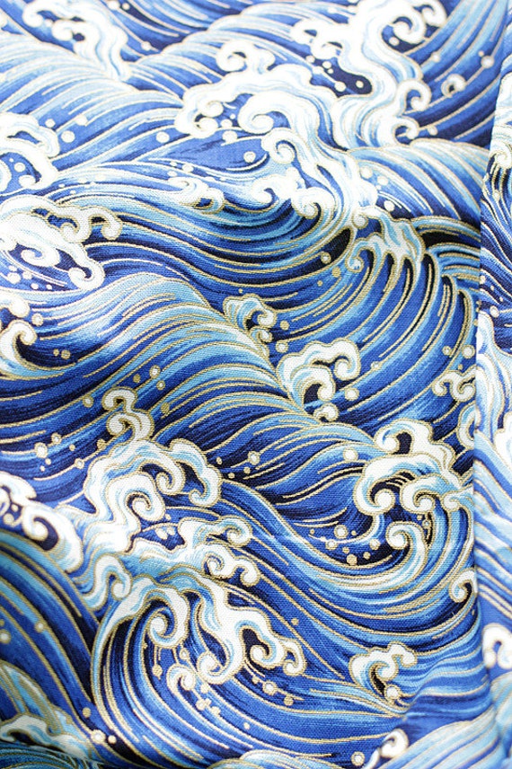 Vintage Japanese Cotton Fabric Cloth Wave blue by 1/2 yard