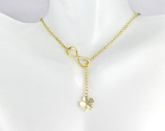 Four leaf clover Jewelry,Infinity Lariat Y necklace,shamrock necklace,Gold or Silver shamrock, Gift For Best Friend, good luck necklace