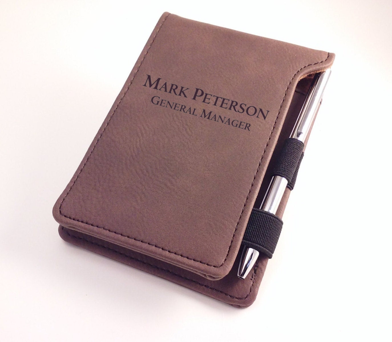 Personalized notepad and pen holder dark brown leatherette