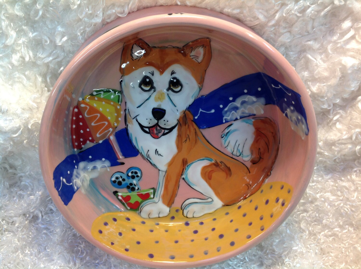 Hand Painted Ceramic Dog Bowl signed by Debby Carman Faux Paw