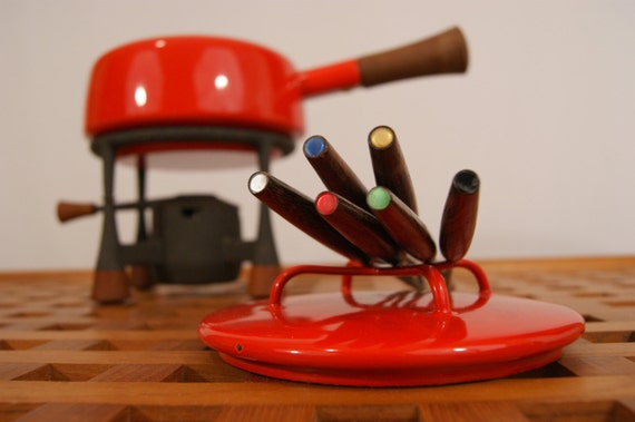 Vintage DANSK Red/Orange Enamel Pot, Cast Iron Base,Teak Handles & Feet/Quistgaard/Mid Century Danish Scandinavian Fondue Set, KOBENSTYLE.