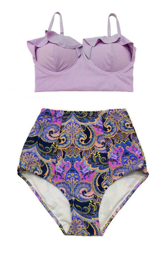 Lavender Violet Midkini Top and Paisley Shorts Bottom Swimsuit