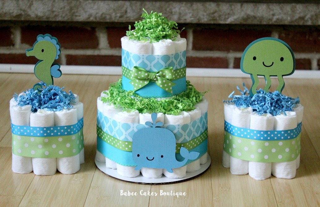 2 Tier Under the Sea Diaper Cake Boy Gender by BabeeCakesBoutique