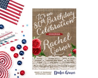 milestone birthday invitations, printable 80th birthday invitations, 70th bday party invites, 60th birthday invites, 4th July birthday party